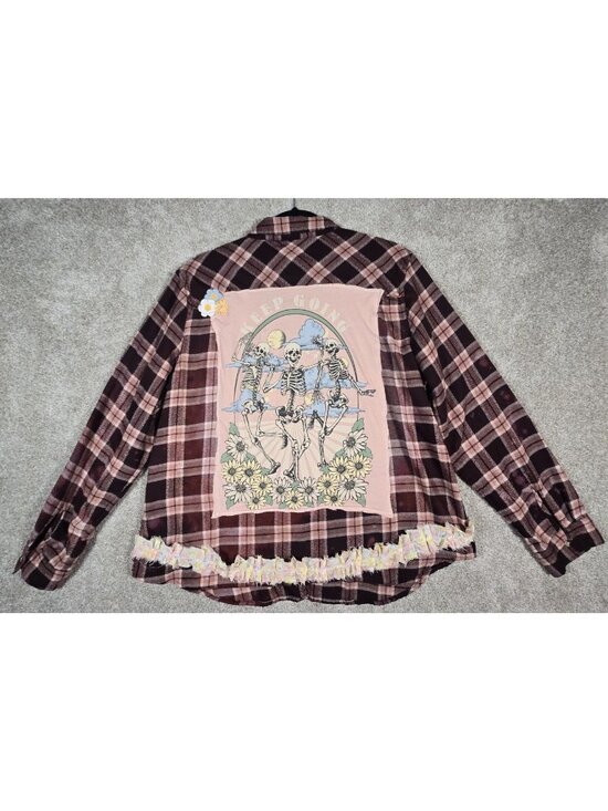 Maurices Tops - OOAK Upcycled Flannel Shirt Shacket Skeletons Dancing Keep Going Wearable Art XL